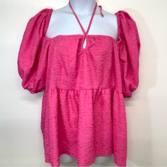 Future Collective Top Woman 3X Pink Boho Empire Puff Sleeve Square Neck Key Hole - Picture 1 of 10